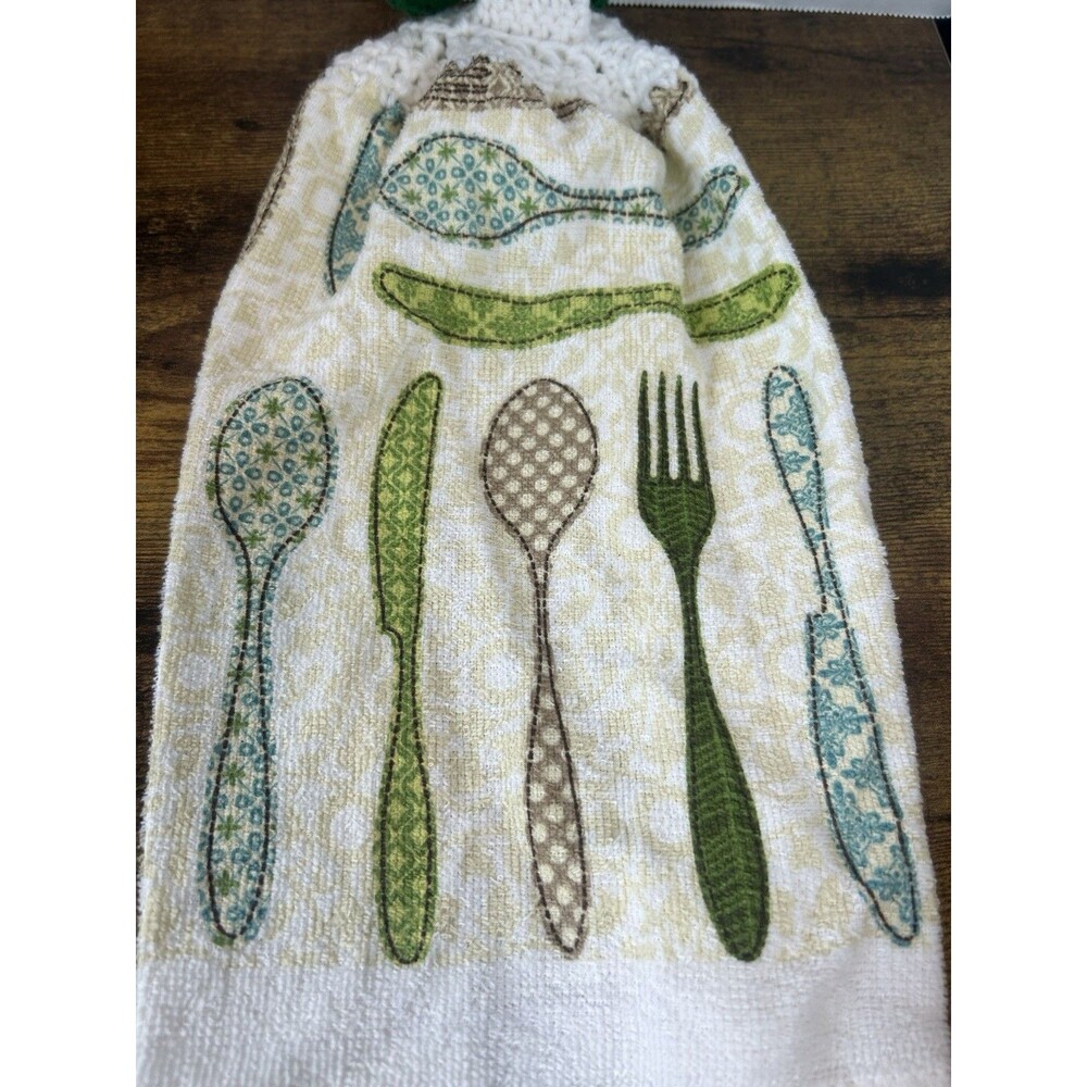 Set Of 2 Hanging Kitchen Towels Crochet Top Spoon Fork Farmhouse Decor Rustic - Picture 12 of 15